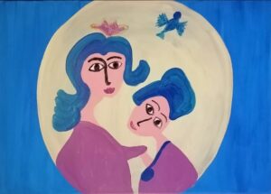 Immagine della pitura su tela, motivo di una donna sua madre nelle sfumature di colori blu e scarlatto.