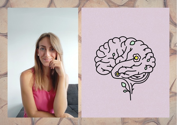 Ritratto di Martina Bažec e logo a forma di cervello.