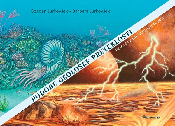 Copertina del libro con l'illustrazione di fossili marini su un lato e un paesaggio vulcanico con fulmini sull'altro.
