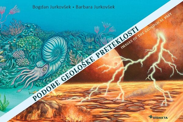 Naslovnica knjige z ilustracijo morskih fosilov na eni strani in vulkanske pokrajine z bliskanjem na drugi.