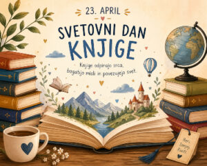 Odprta knjiga in na njej gore, reka in mesto.