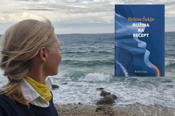 La foto di una donna che osserva il mare e la copertina del libro Bližina na recept.