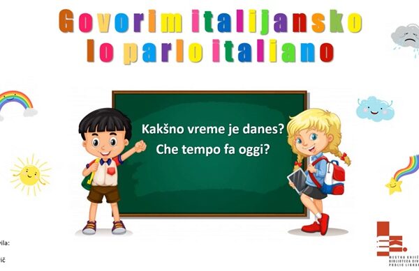 Risana junaka; fantek in punčka s šolskima torbama pred zeleno šolsko tablo in podobami vremenskih pojavov na belem ozadju.