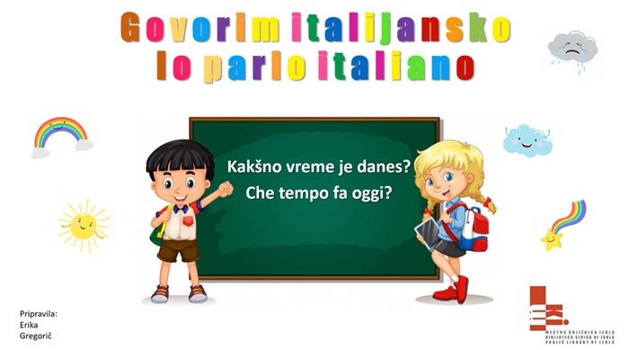Risana junaka; fantek in punčka s šolskima torbama pred zeleno šolsko tablo in podobami vremenskih pojavov na belem ozadju.