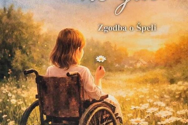 Topla ilustracija travnika z marjeticami, na katerem soji invalidski voziček, na njem pa deklica z marjetico v roki.