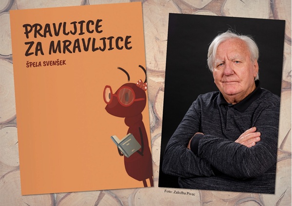 La copertina arancione del libro illustrato "Pravljice za mravljice" e raffigura l'illustrazione di una formica. Accanto, un ritratto dello scrittore Tone Partljič.