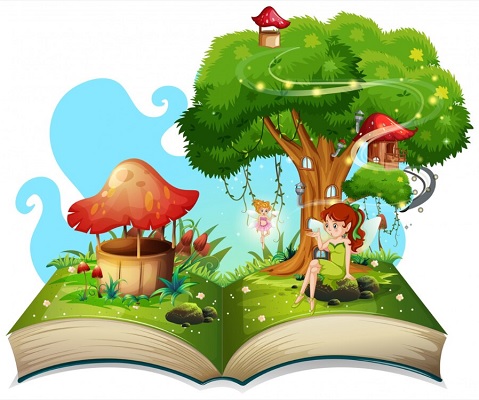 Motivo fiabesco che emerge da un libro aperto: un albero, funghi, casette e creature fantastiche in un paesaggio immaginario.