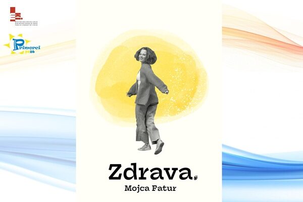 Bela naslovnica knjige "Zdrava" avtorice Mojce Fatur. Na naslovnici je podoba avtorice v veseli pozi v sivih odtenkih na rumeni podlagi. Platnica je na odrih, rumenih in oranžnih valovitih odtenkih. Copertina bianca del libro "Zdrava" di Mojca Fatur. La copertina ritrae l'autrice in una posa allegra, in diverse tonalità di grigio su sfondo giallo. La copertina giage su vivaci sfumature ondulate di giallo e arancione.